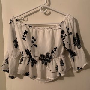 Lined-Flower White Off-Shoulder Top